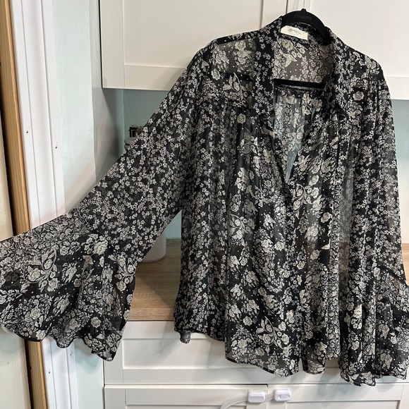 A Beautiful Soul Tops - Bohemian Sheer Blouse Womens Black White Dramatic Bell Sleeve Top Ethereal Flowy